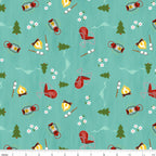 Camping toss teal fabric with campfires lanterns deck chairs pine trees novelty quilting fabric for travel quilts picnic blankets and outdoor projects