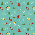 Camping toss teal fabric with campfires lanterns deck chairs pine trees novelty quilting fabric for travel quilts picnic blankets and outdoor projects