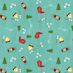 Camping toss teal fabric with campfires lanterns deck chairs pine trees novelty quilting fabric for travel quilts picnic blankets and outdoor projects