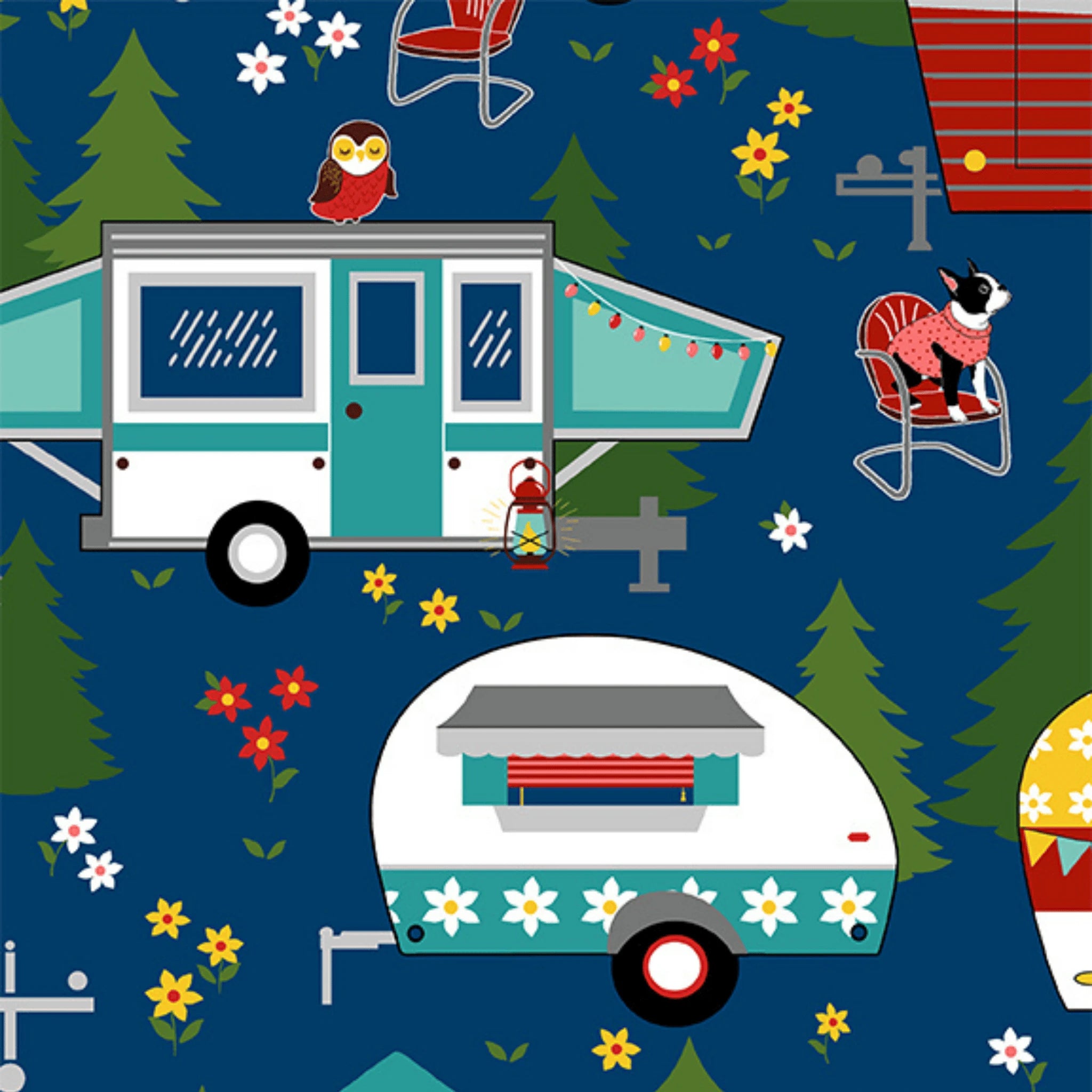 Quilting cotton cute caravans, dogs, and owls in a woodland camping scene on navy blue background.