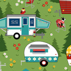 Quilting cotton cute caravans, dogs, and owls in a woodland camping scene on grassy green background.