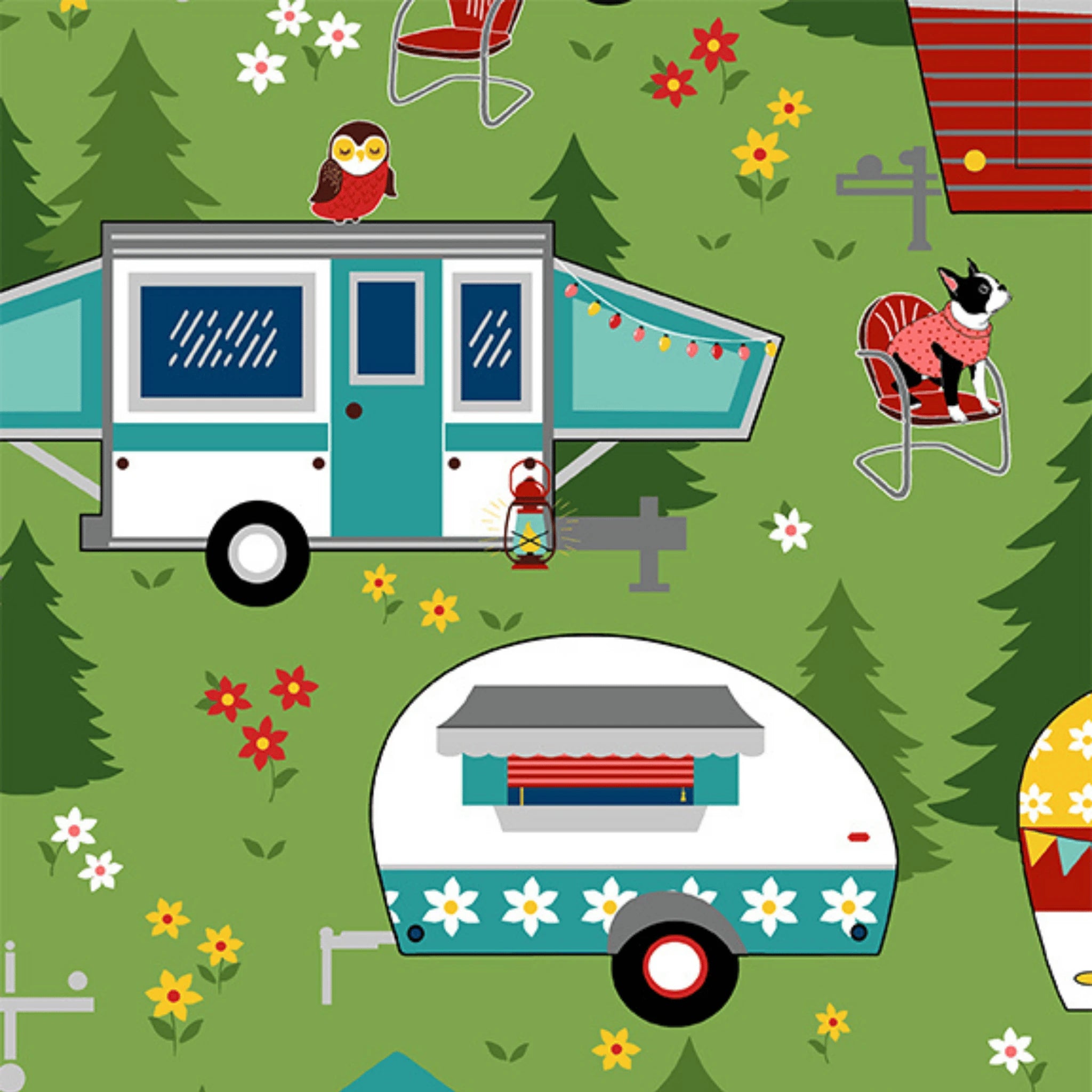 Quilting cotton cute caravans, dogs, and owls in a woodland camping scene on grassy green background.