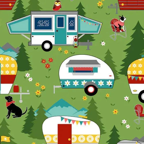 Quilting cotton fabric with camper vans, trees, dogs, and flowers on a green background for camping glamping