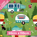 Quilting cotton fabric with camper vans, trees, dogs, and flowers on a green background for camping glamping