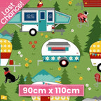 Quilting cotton fabric with camper vans, trees, dogs, and flowers on a green background for camping glamping