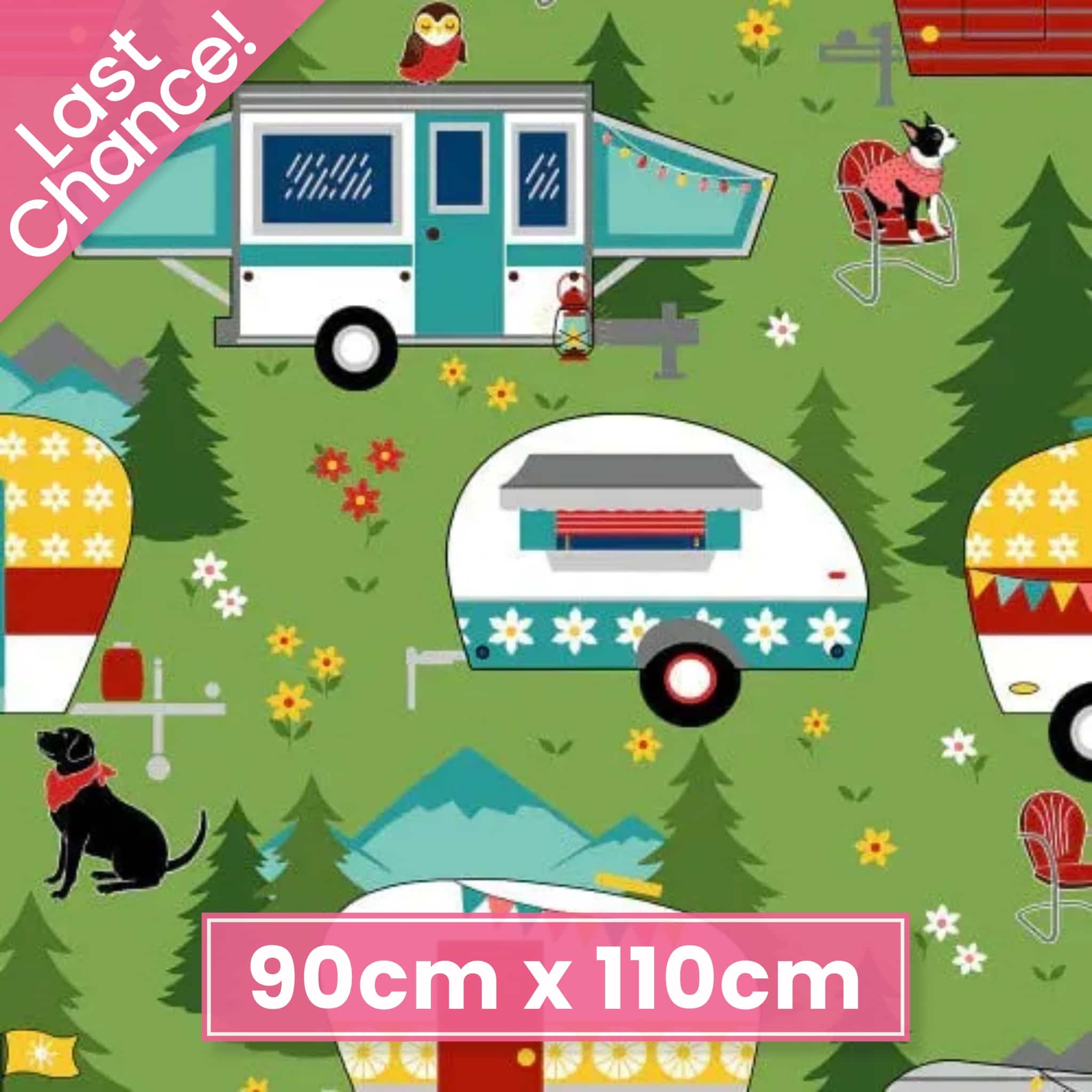 Quilting cotton fabric with camper vans, trees, dogs, and flowers on a green background for camping glamping