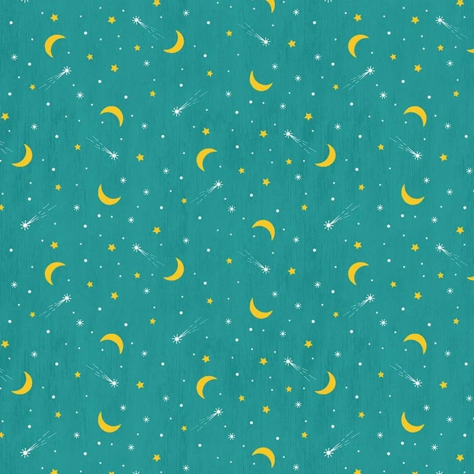 Gone Glamping Moon & Stars Teal - Wilmington - Three Wishes Patchwork Fabric