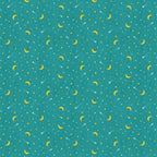 Quilting cotton with pattern of yellow crescent moons and shooting stars on a teal background