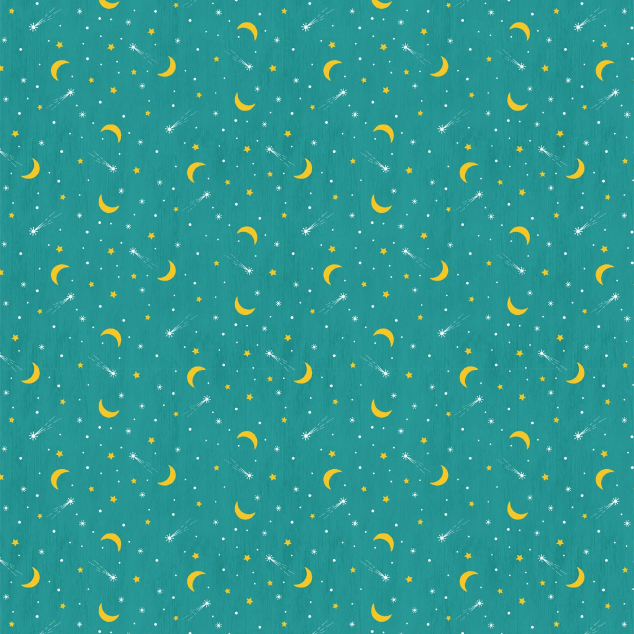 Quilting cotton with pattern of yellow crescent moons and shooting stars on a teal background