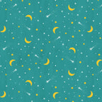 Crescent moons shooting stars teal fabric celestial night sky novelty quilting fabric for camping quilts children's quilts and nursery décor
