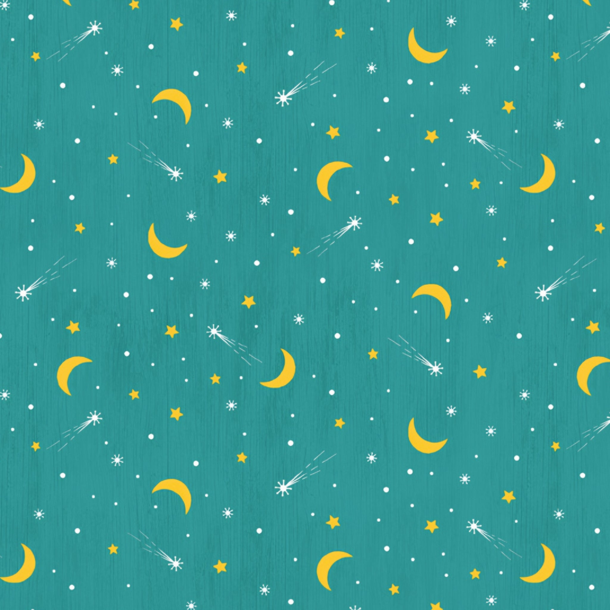 Crescent moons shooting stars teal fabric celestial night sky novelty quilting fabric for camping quilts children's quilts and nursery décor