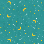Crescent moons shooting stars teal fabric celestial night sky novelty quilting fabric for camping quilts children's quilts and nursery décor