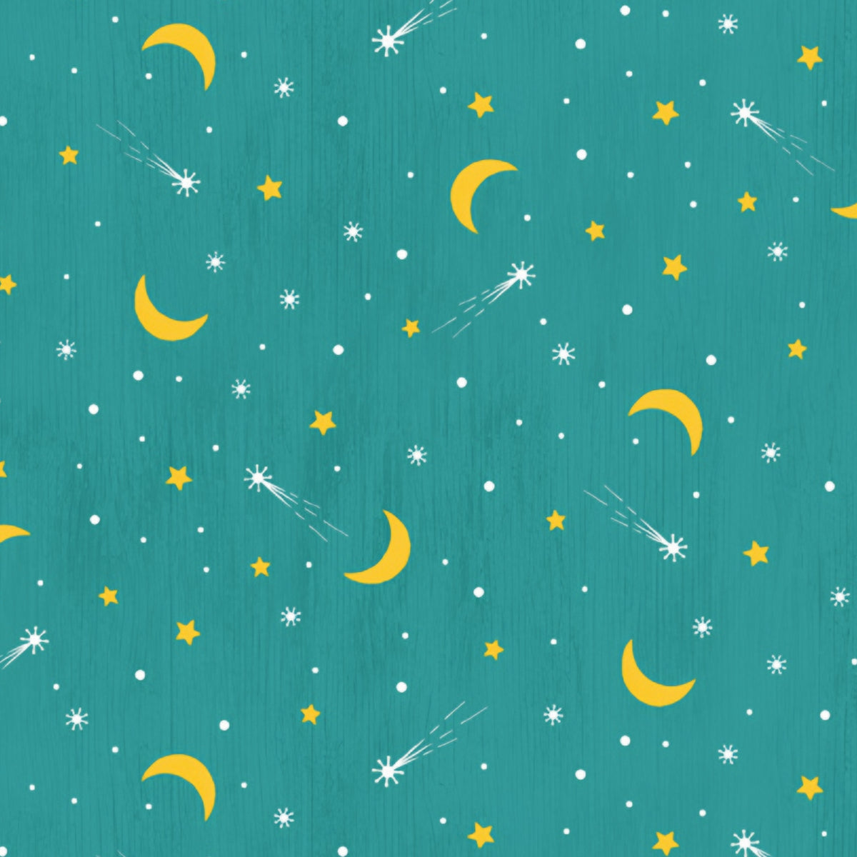 Crescent moons shooting stars teal fabric celestial night sky novelty quilting fabric for camping quilts children's quilts and nursery décor
