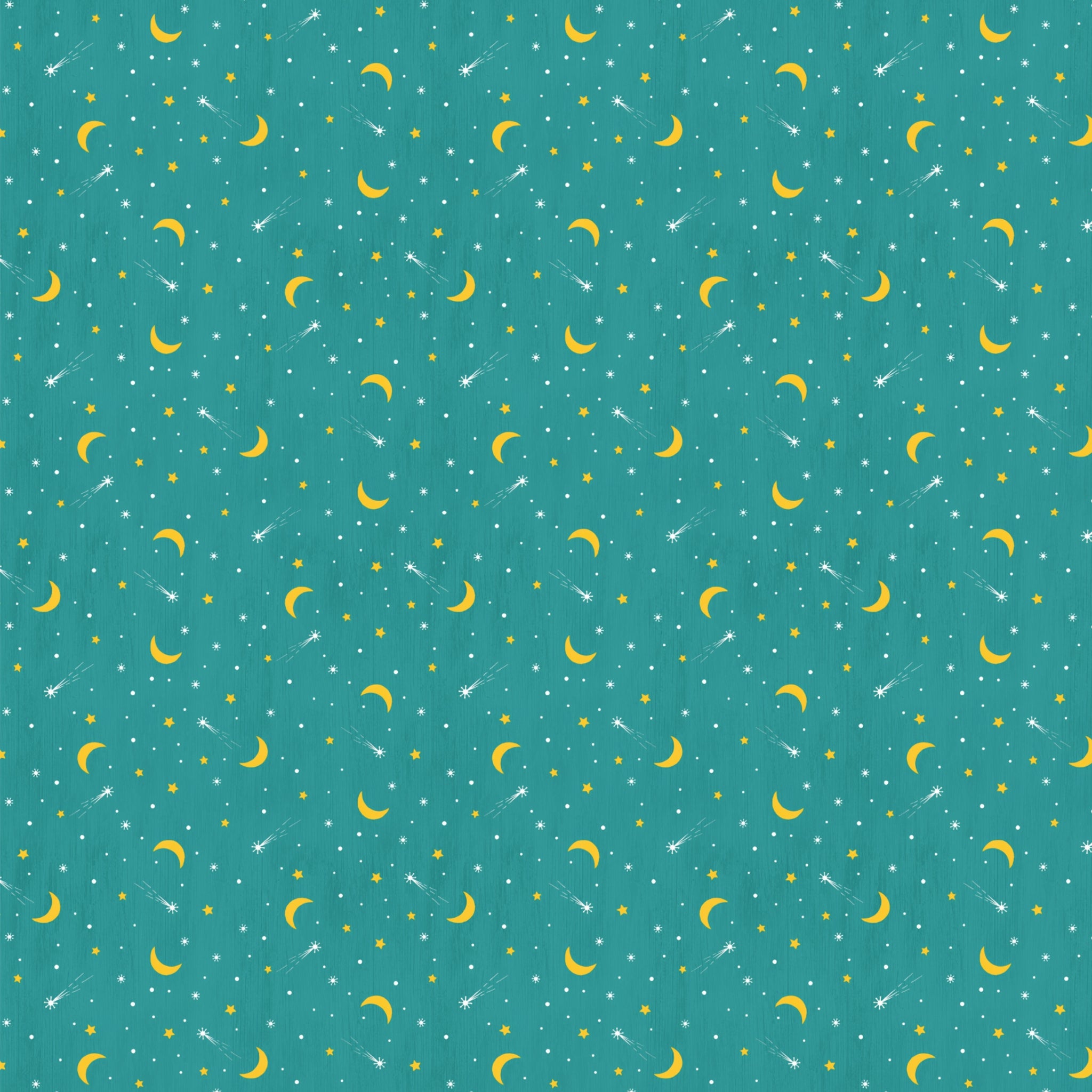 Crescent moons shooting stars teal fabric celestial night sky novelty quilting fabric for camping quilts children's quilts and nursery décor