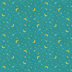 Crescent moons shooting stars teal fabric celestial night sky novelty quilting fabric for camping quilts children's quilts and nursery décor