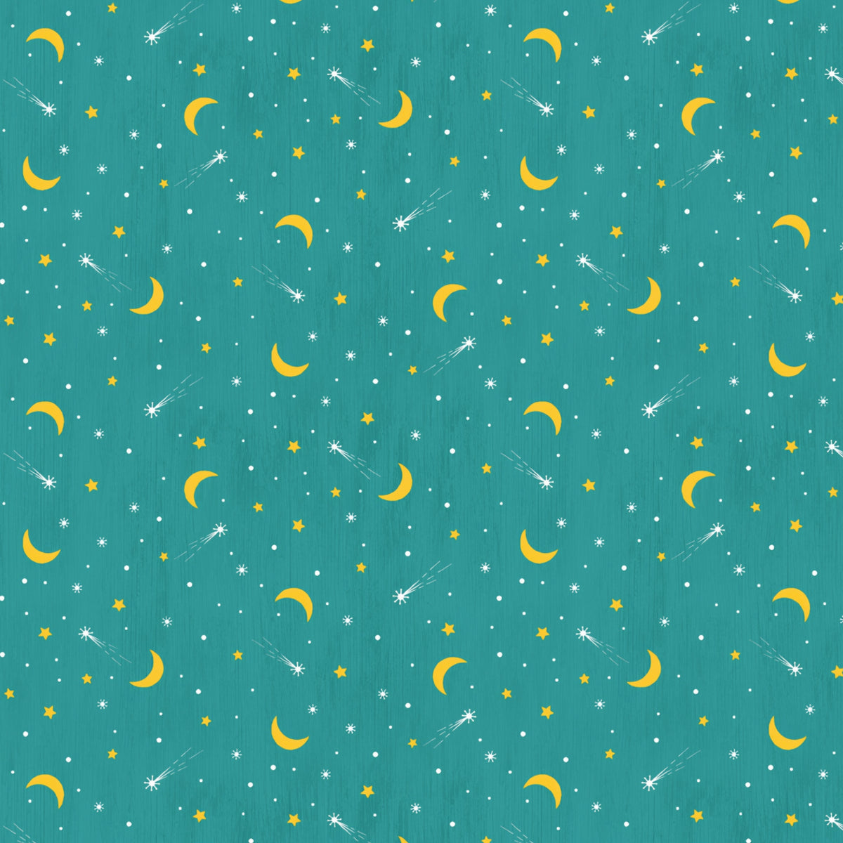 Crescent moons shooting stars teal fabric celestial night sky novelty quilting fabric for camping quilts children's quilts and nursery décor