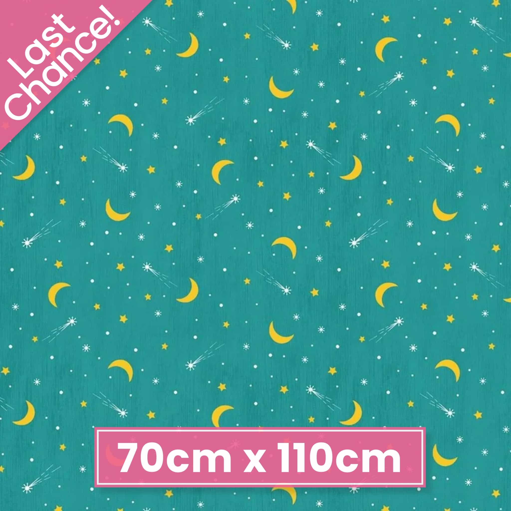 Teal quilting cotton fabric with celestial pattern including moons, stars, and comets for camping glamping