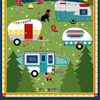 Fabric panel camping scene caravans, dogs, mountains, stars, "always let your light shine" quote