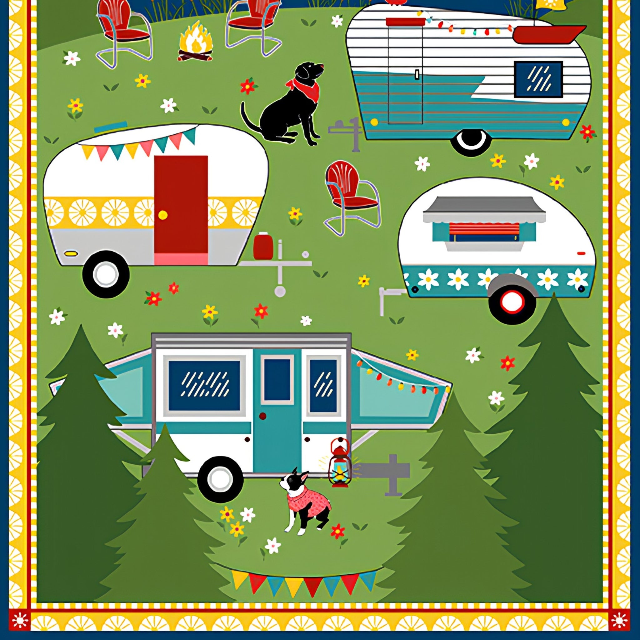 Gone Glamping caravan camping panel multi coloured with caravans dogs mountain night scene for wall hangings door banners and camping quilts