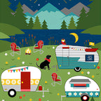 Gone Glamping caravan camping panel multi coloured with caravans dogs mountain night scene for wall hangings door banners and camping quilts
