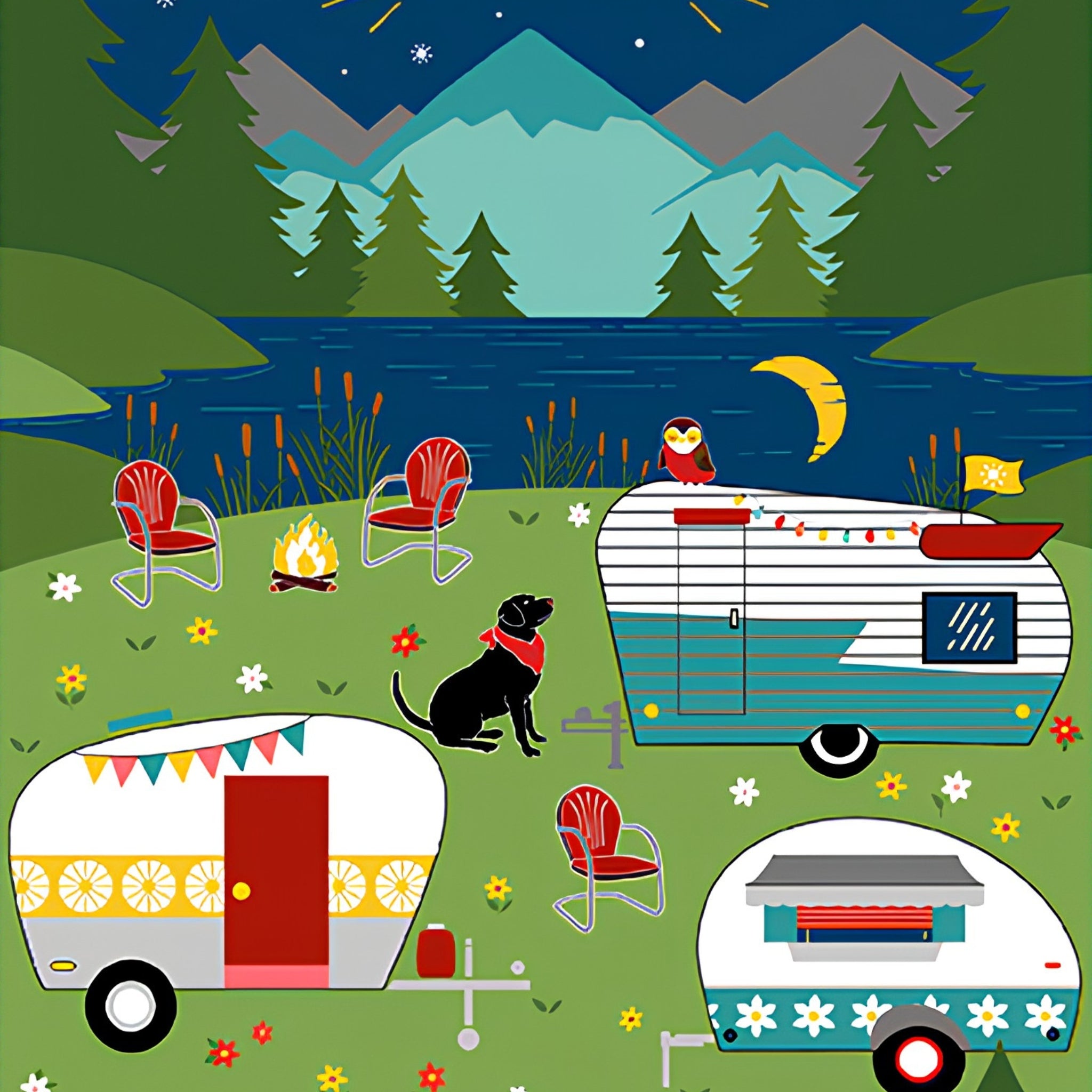 Gone Glamping caravan camping panel multi coloured with caravans dogs mountain night scene for wall hangings door banners and camping quilts