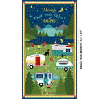Gone Glamping caravan camping panel multi coloured with caravans dogs mountain night scene for wall hangings door banners and camping quilts