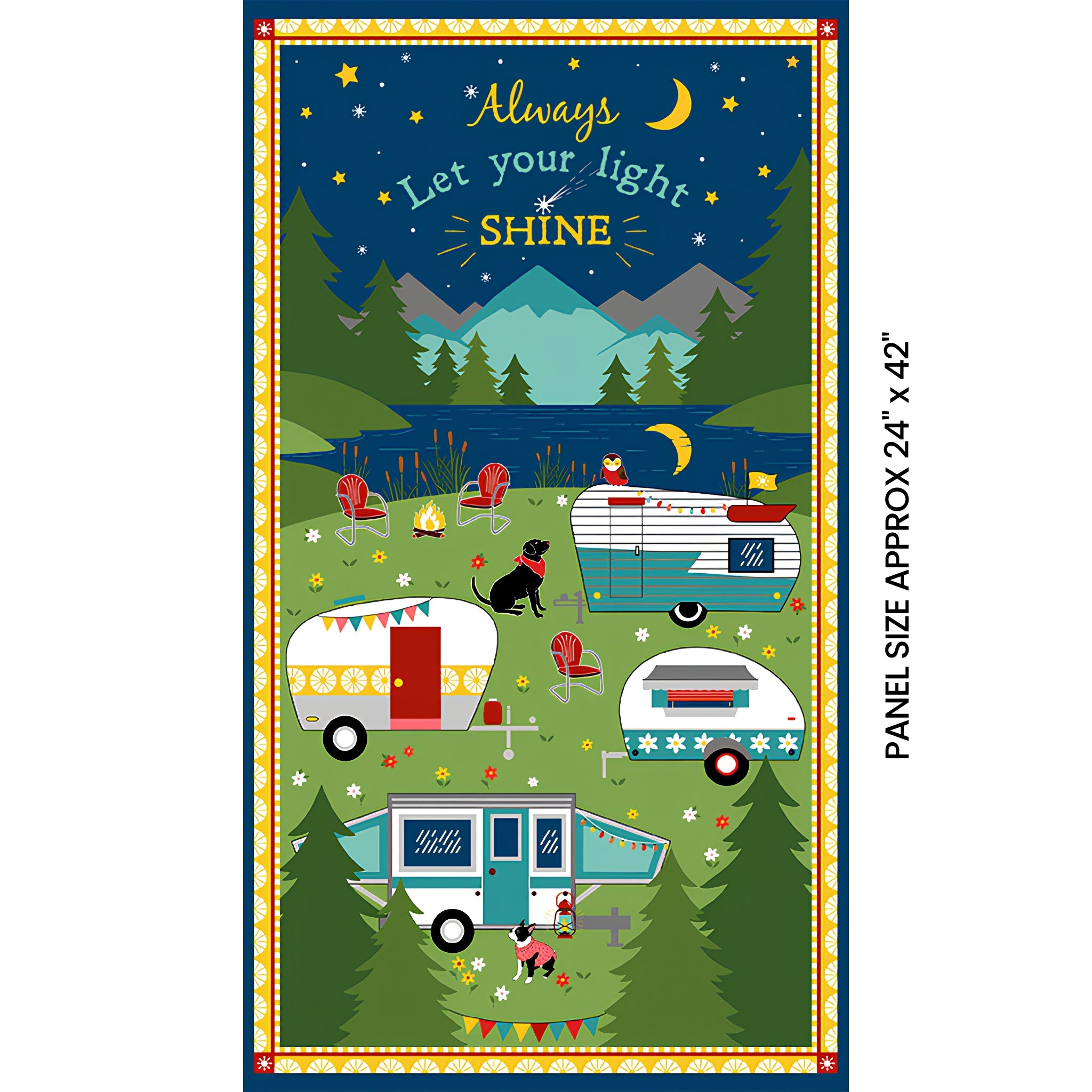 Gone Glamping caravan camping panel multi coloured with caravans dogs mountain night scene for wall hangings door banners and camping quilts