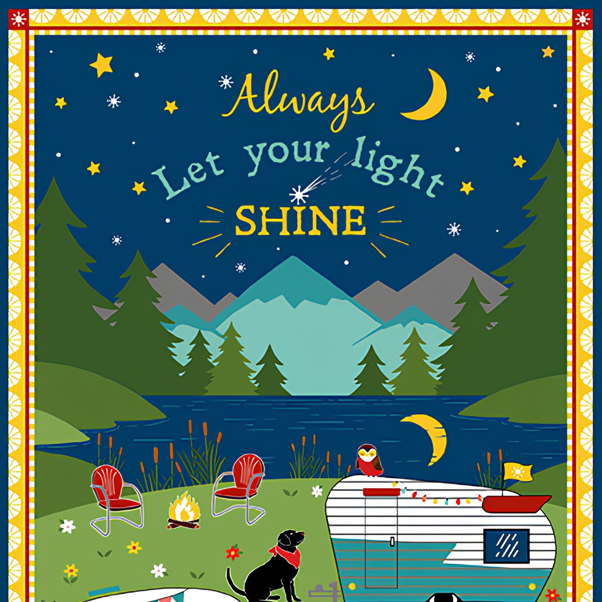 Gone Glamping caravan camping panel multi coloured with caravans dogs mountain night scene for wall hangings door banners and camping quilts