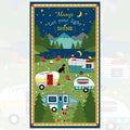 Gone Glamping caravan camping panel multi coloured with caravans dogs mountain night scene for wall hangings door banners and camping quilts
