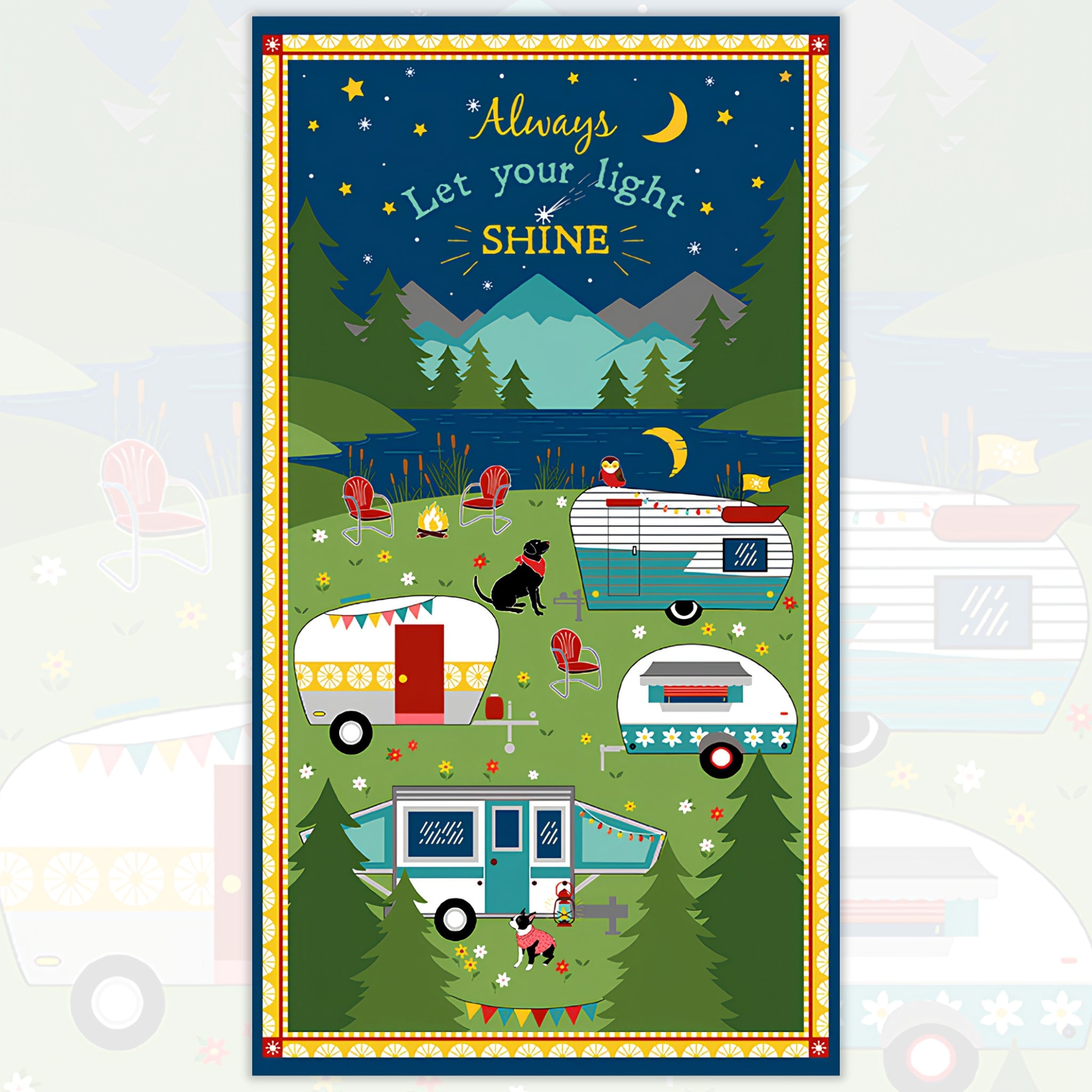 Gone Glamping caravan camping panel multi coloured with caravans dogs mountain night scene for wall hangings door banners and camping quilts