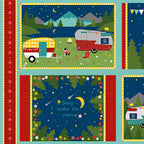 Gone Glamping placemat panel four scenes caravans campfire starry night novelty quilting fabric for patchwork placemats and cushion fronts