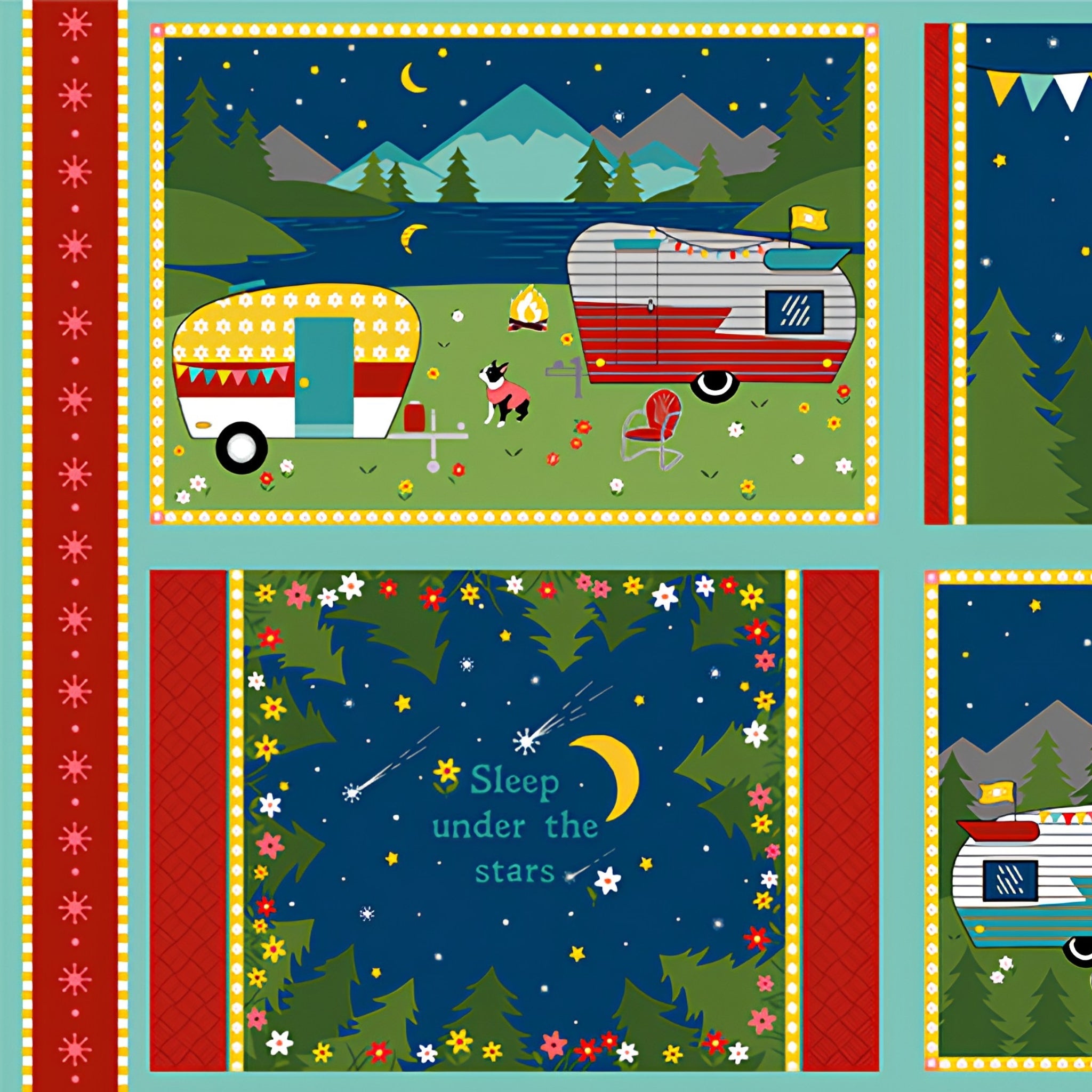 Gone Glamping placemat panel four scenes caravans campfire starry night novelty quilting fabric for patchwork placemats and cushion fronts