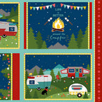 Gone Glamping placemat panel four scenes caravans campfire starry night novelty quilting fabric for patchwork placemats and cushion fronts