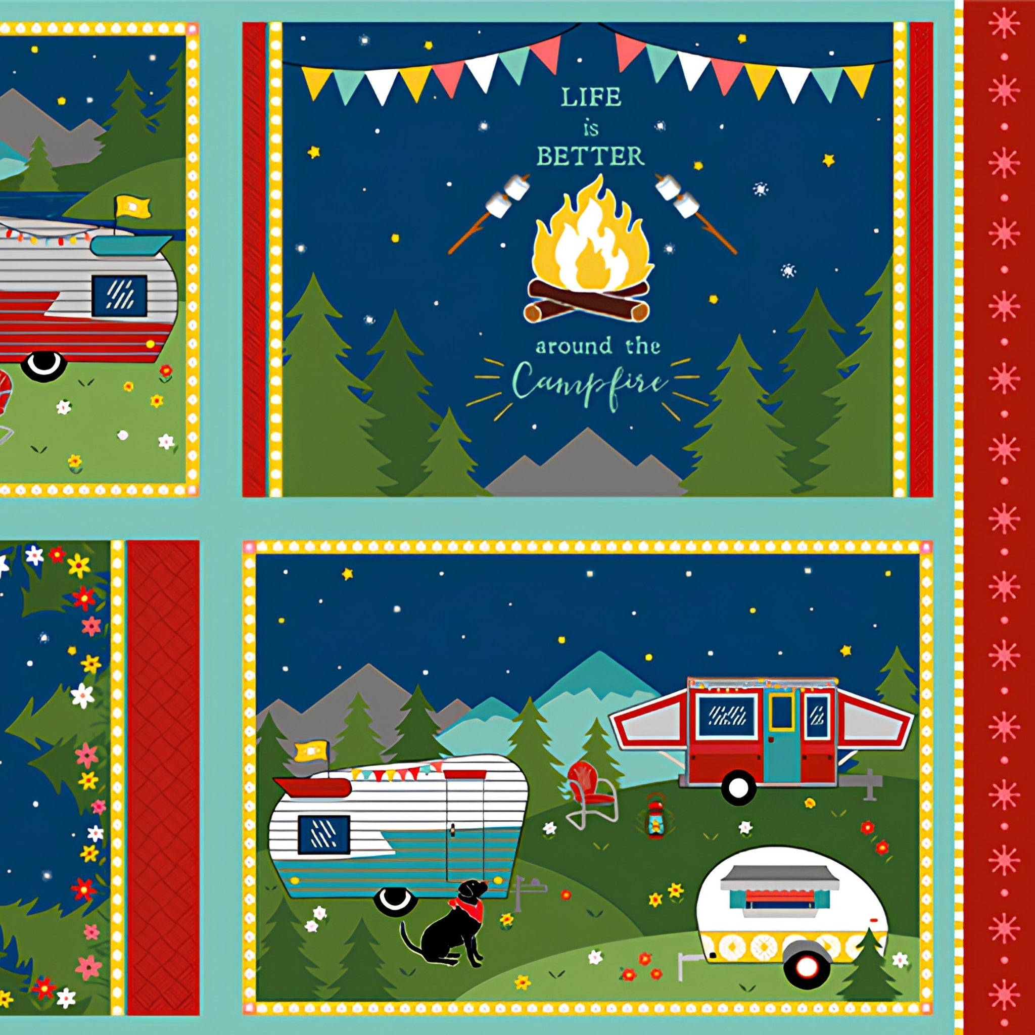 Gone Glamping placemat panel four scenes caravans campfire starry night novelty quilting fabric for patchwork placemats and cushion fronts