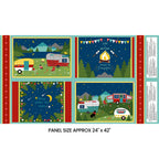 Gone Glamping placemat panel four scenes caravans campfire starry night novelty quilting fabric for patchwork placemats and cushion fronts