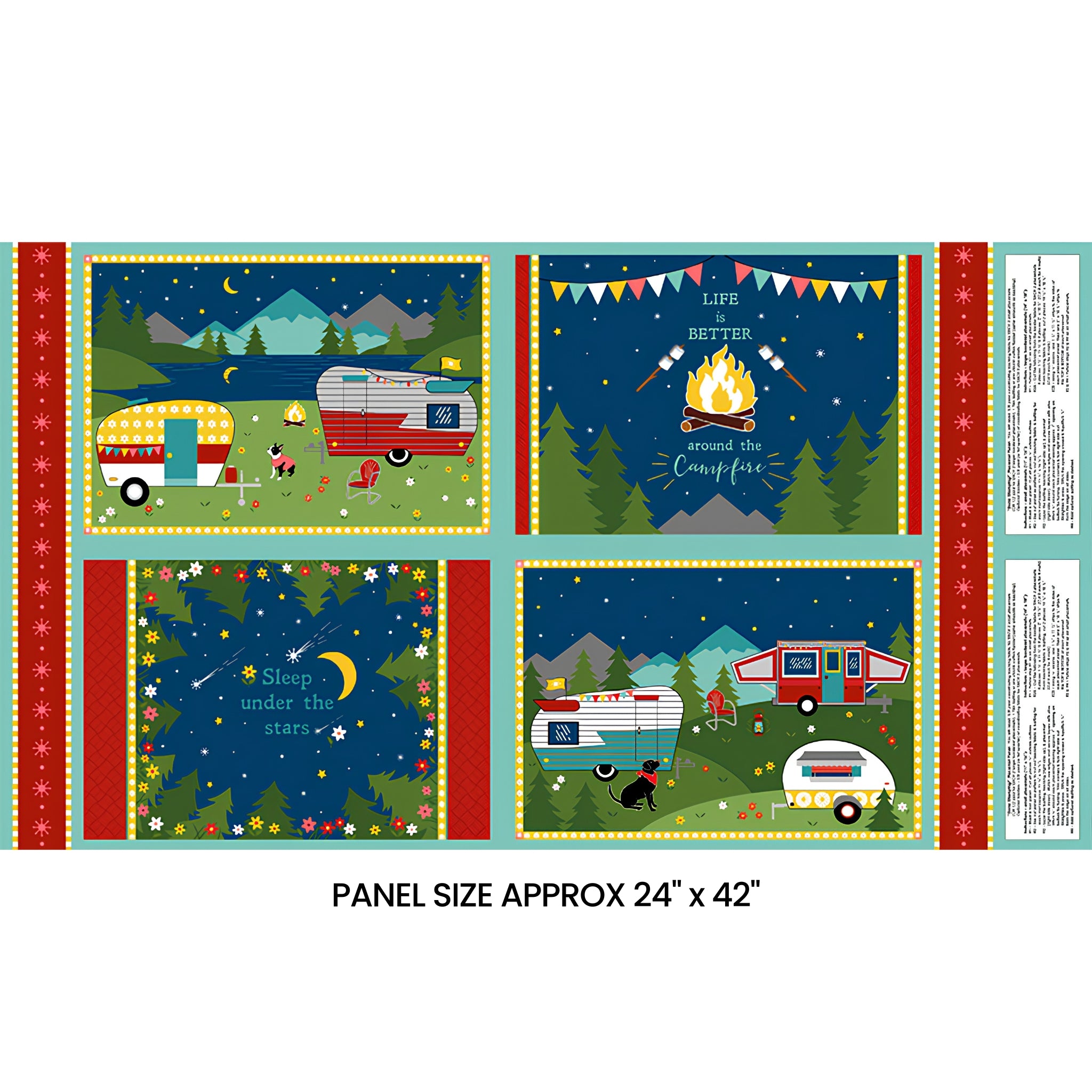 Gone Glamping placemat panel four scenes caravans campfire starry night novelty quilting fabric for patchwork placemats and cushion fronts