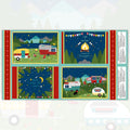 Gone Glamping placemat panel four scenes caravans campfire starry night novelty quilting fabric for patchwork placemats and cushion fronts