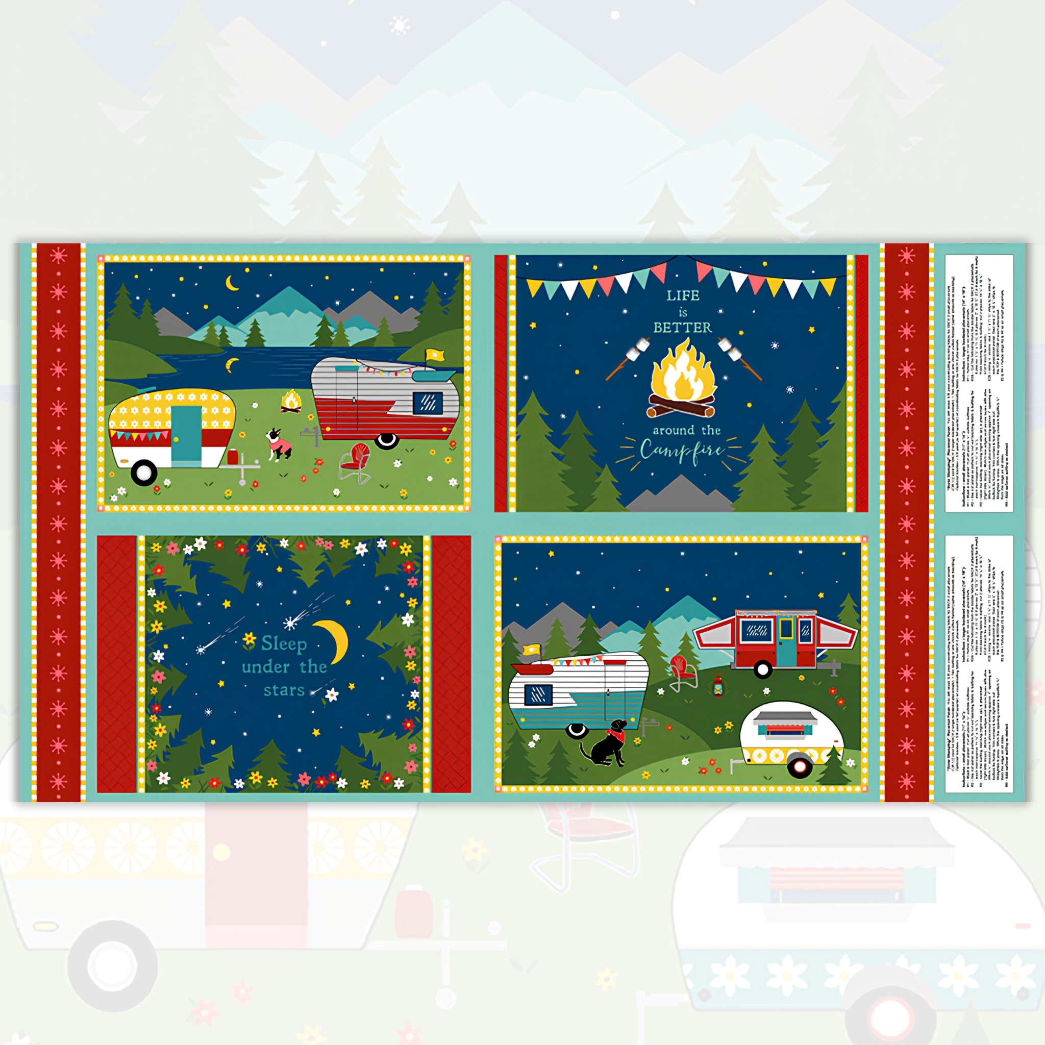 Gone Glamping placemat panel four scenes caravans campfire starry night novelty quilting fabric for patchwork placemats and cushion fronts