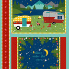 Quilting cotton panel of four placemats with caravans, campfire, and stars on blue background