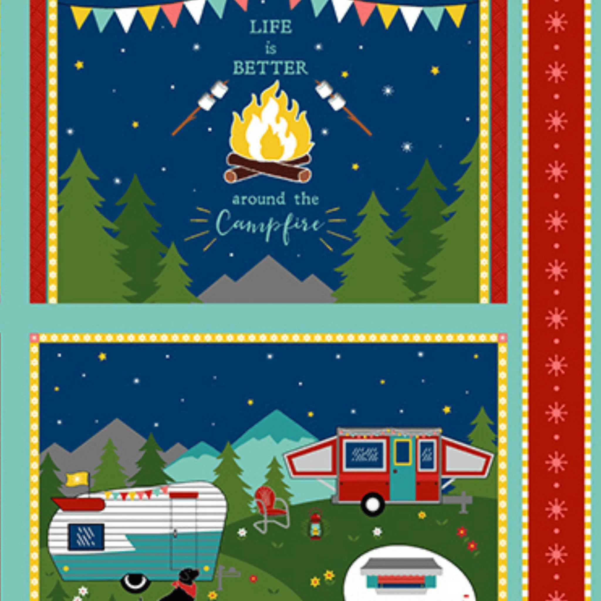 Quilting cotton panel of four placemats with caravans, campfire, and stars on blue background