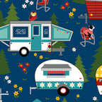 Retro caravans camping dogs owl navy blue novelty quilting fabric for glamping quilts cushions travel accessories and caravan curtains