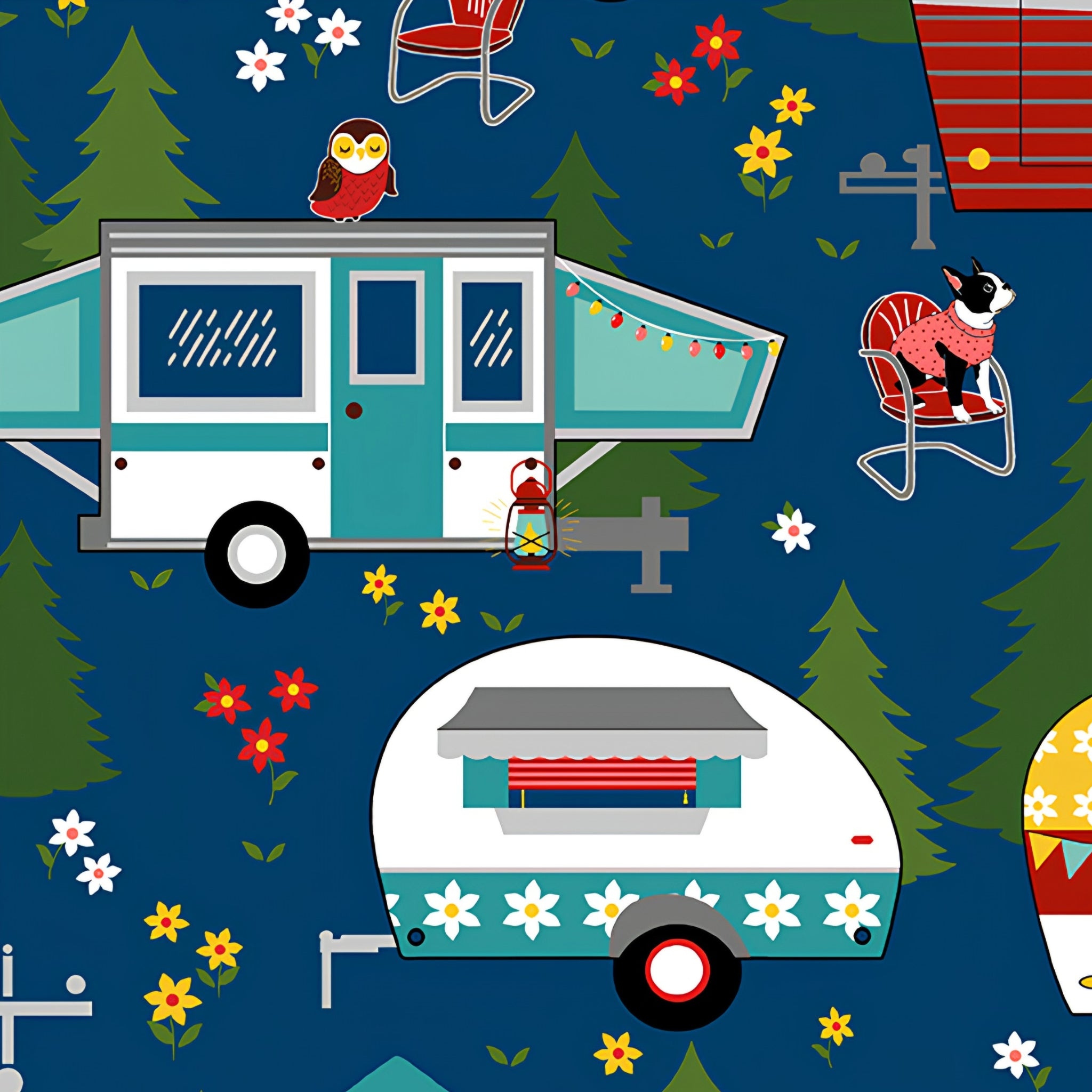Retro caravans camping dogs owl navy blue novelty quilting fabric for glamping quilts cushions travel accessories and caravan curtains