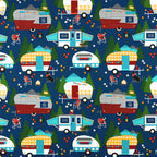 Retro caravans camping dogs owl navy blue novelty quilting fabric for glamping quilts cushions travel accessories and caravan curtains