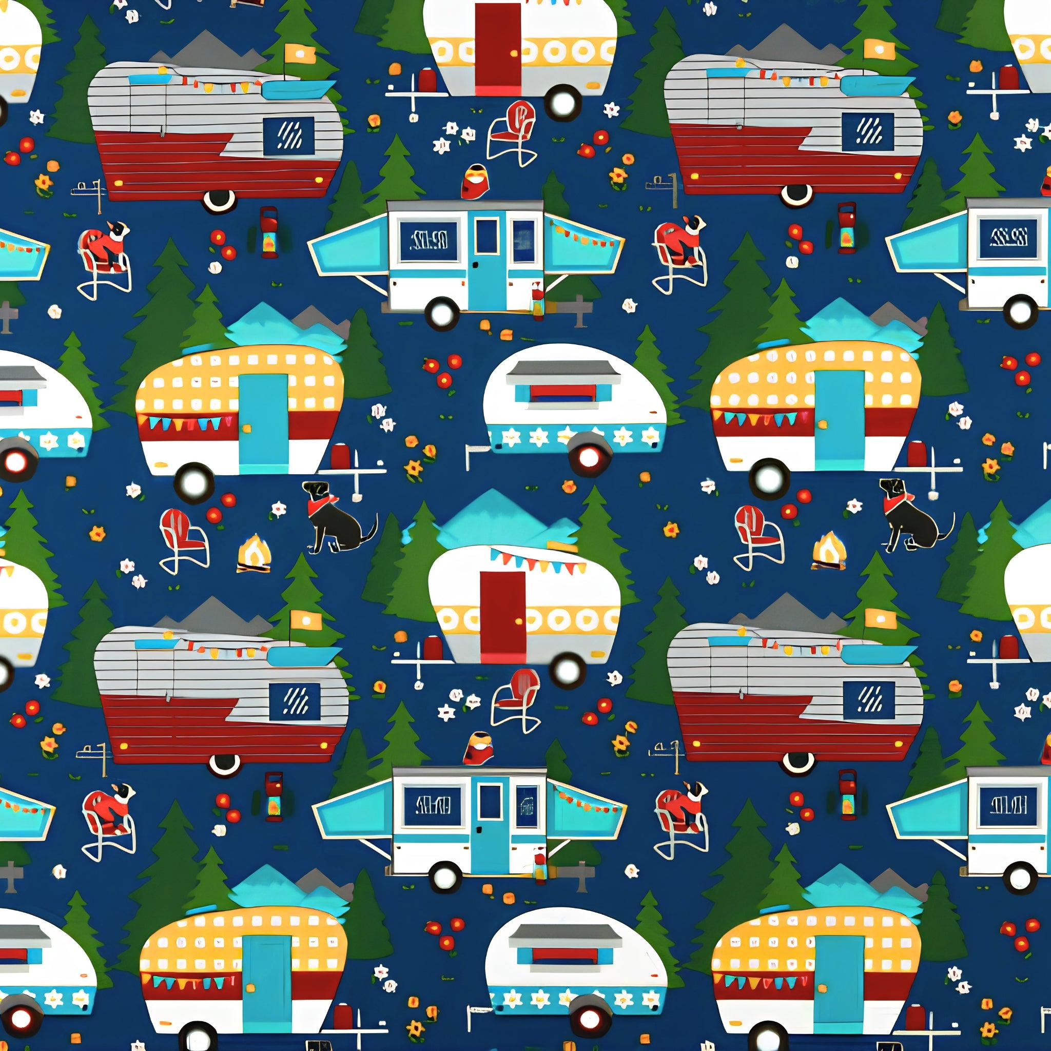 Retro caravans camping dogs owl navy blue novelty quilting fabric for glamping quilts cushions travel accessories and caravan curtains