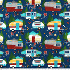Retro caravans camping dogs owl navy blue novelty quilting fabric for glamping quilts cushions travel accessories and caravan curtains