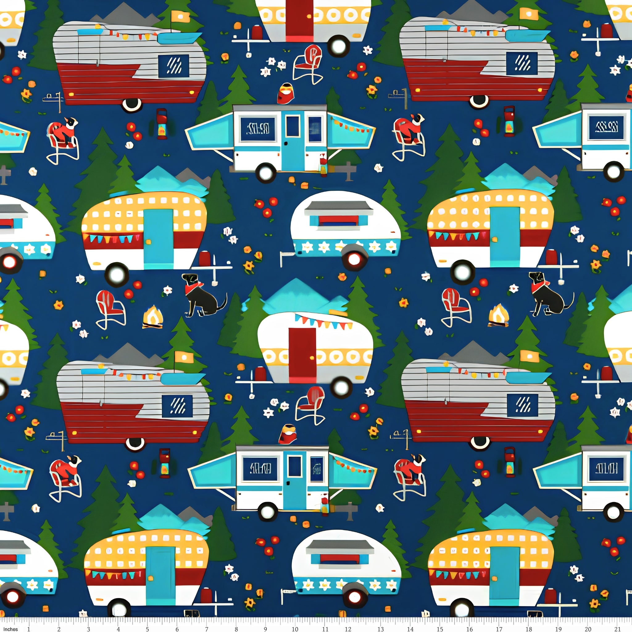 Retro caravans camping dogs owl navy blue novelty quilting fabric for glamping quilts cushions travel accessories and caravan curtains