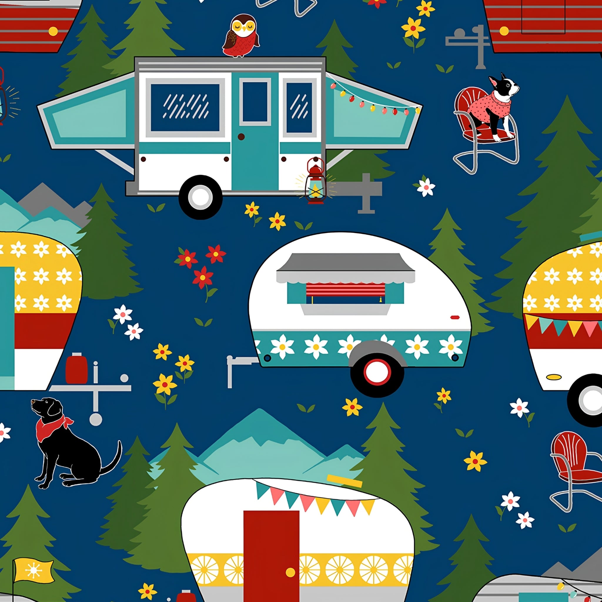 Retro caravans camping dogs owl navy blue novelty quilting fabric for glamping quilts cushions travel accessories and caravan curtains