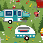 Retro caravans camping dogs owl grassy green novelty quilting fabric for glamping quilts cushions travel accessories and caravan curtains