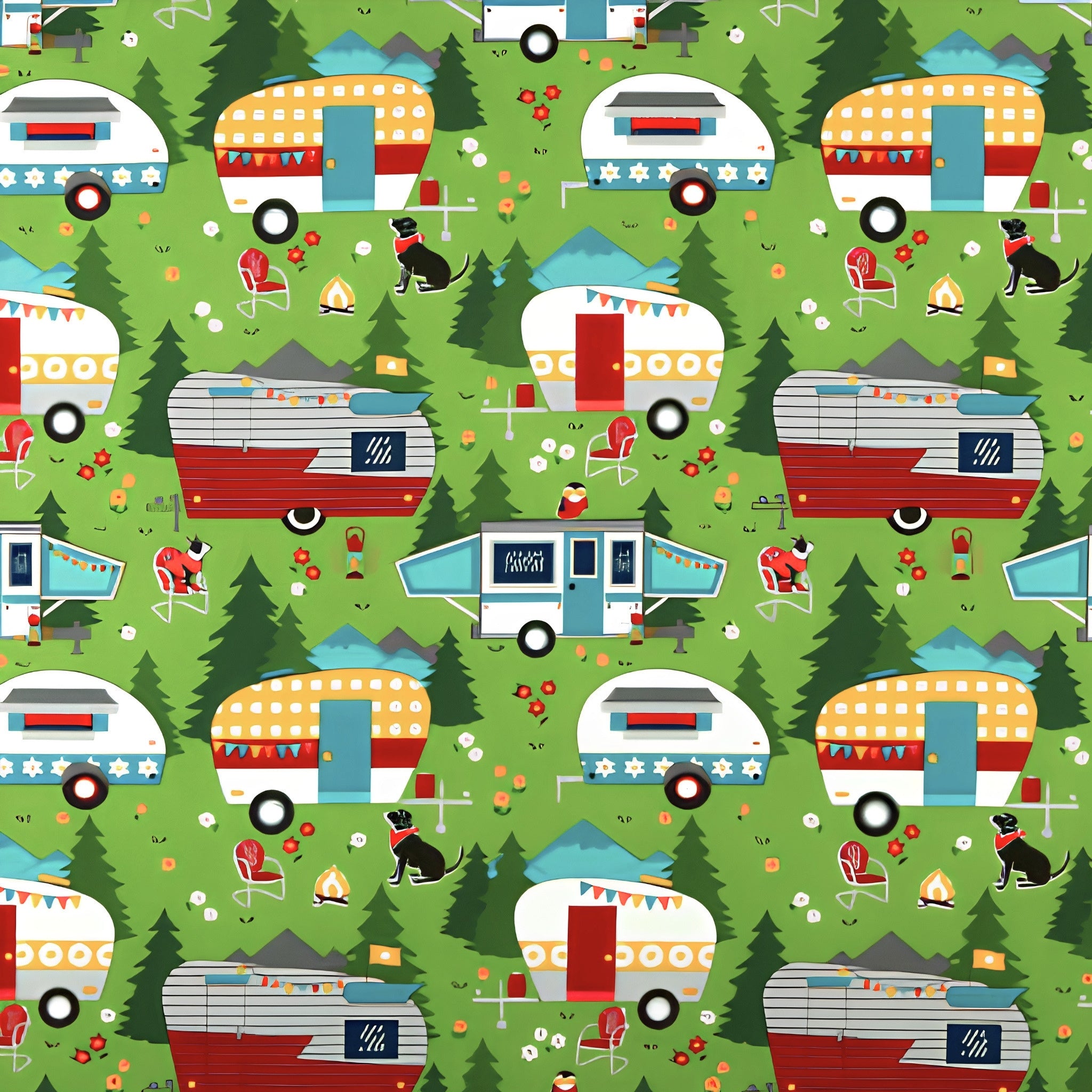 Retro caravans camping dogs owl grassy green novelty quilting fabric for glamping quilts cushions travel accessories and caravan curtains