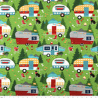 Retro caravans camping dogs owl grassy green novelty quilting fabric for glamping quilts cushions travel accessories and caravan curtains